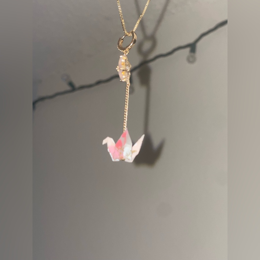 HANDMADE Gold & Pink Cherry Blossom Origami Crane Necklace
